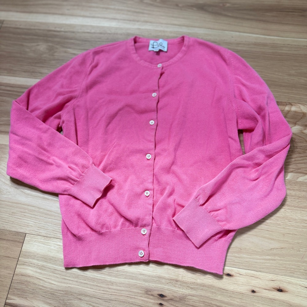 Lilly Pulitzer Cardigan Women Large Pink 100% Cotton Crew Neck Button Front